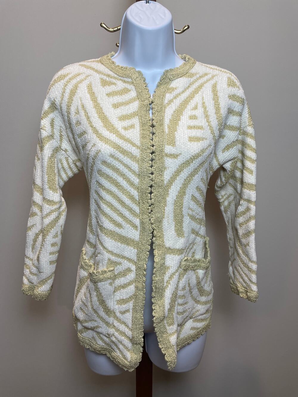 French Rags Boutique Vintage Cream Gold Chenille Knit Cardigan USA Made Size M